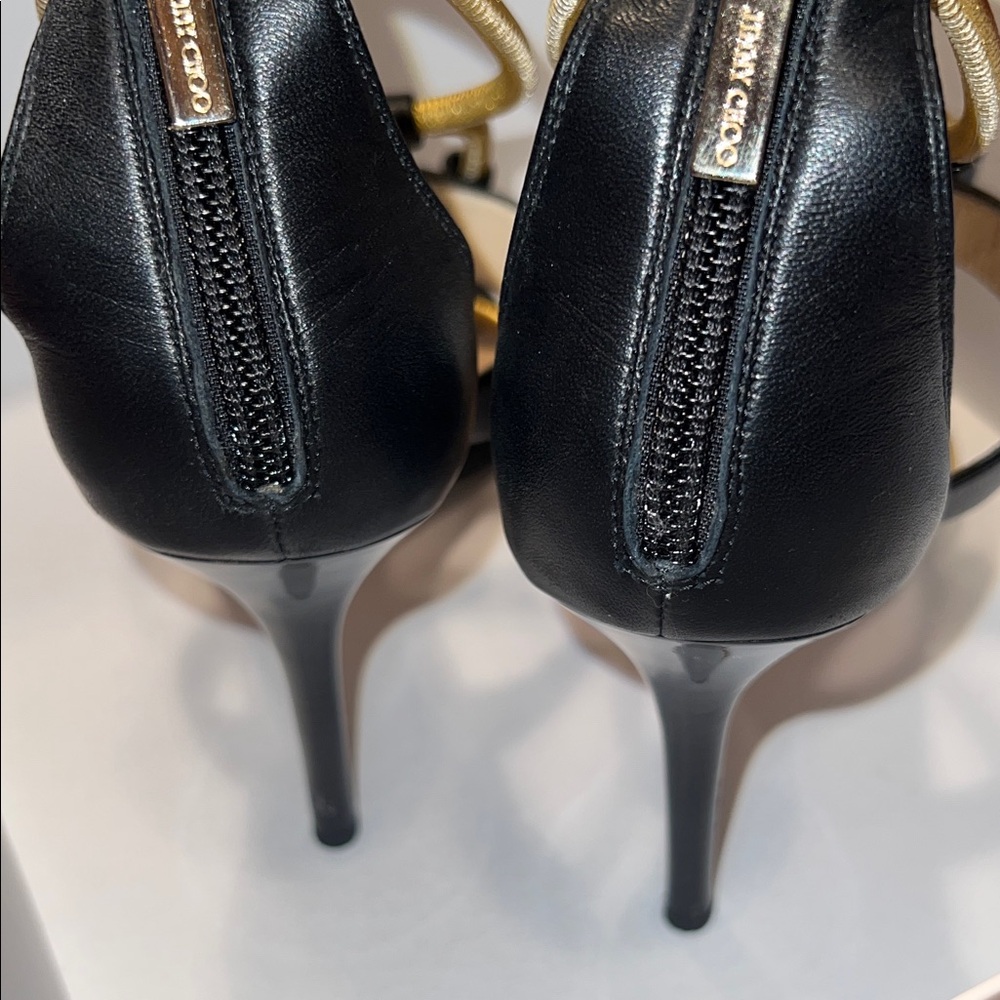 Like New Jimmy Choo Black and Gold Strappy Heels - Picture 6 of 10